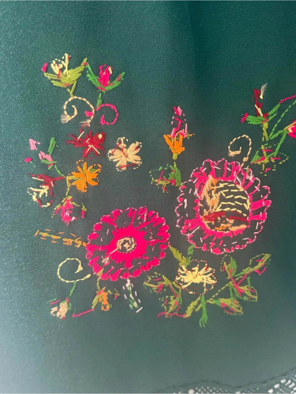 Hand Embroidered Mexican Rebozo Shawl Forest Green 3 Floral Motifs Fringe 70
